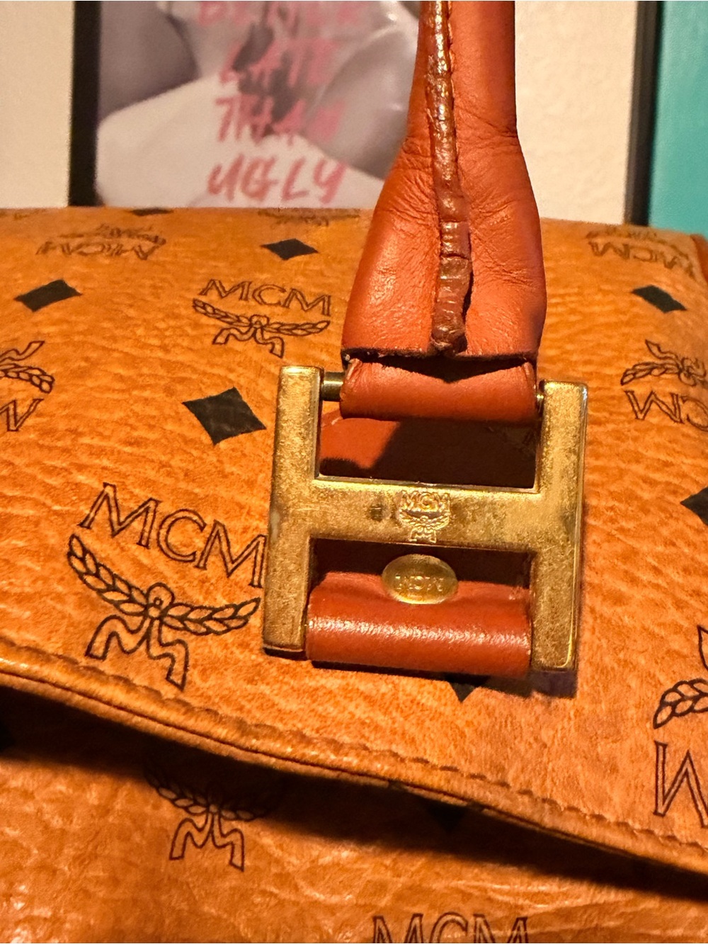 MCM Cognac Logo Visetos Satchel with Brass Hardware - Picture 12 of 13